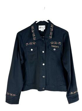 H&J Black Western Denim Jacket Rhinestone Studded Embellished Size M